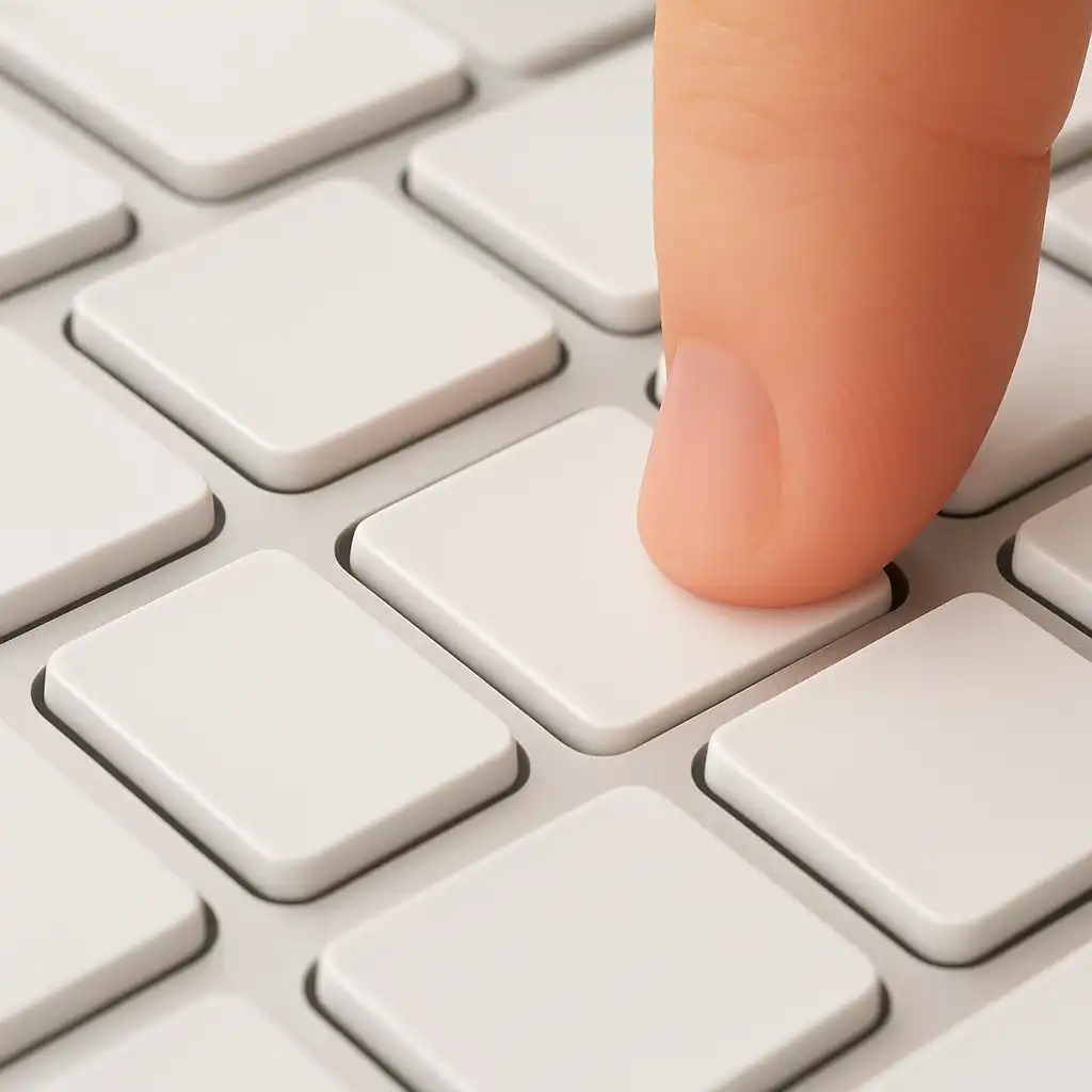 Close-up of a finger pressing a key on a modern computer keyboard, illustrating keyboard interaction and shortcuts.